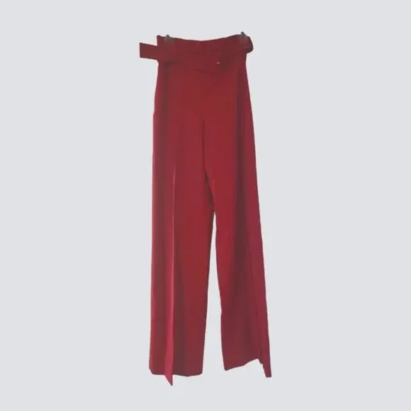 NWT Theory Red Pink Ruby Melange Sleek Flannel Wide Leg Belted Pants Size 0